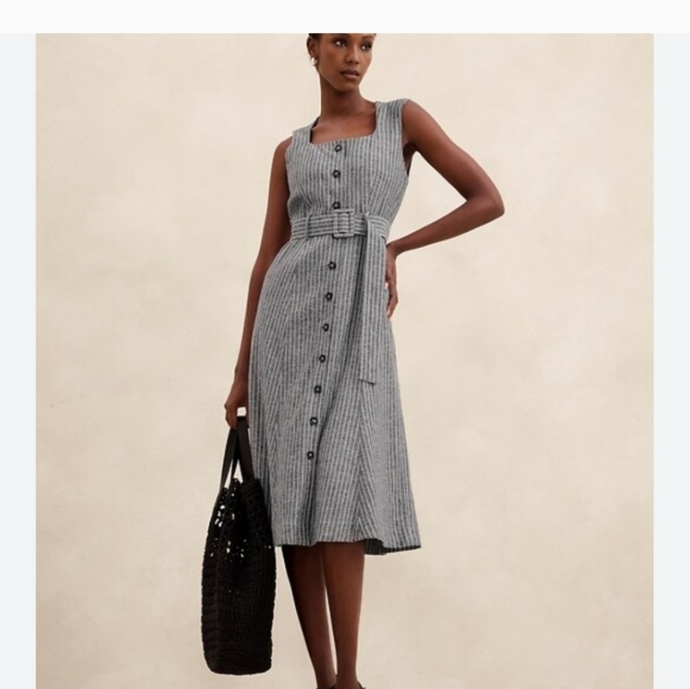 Banana Republic Linen Blend Grey And White Pinstripe Dress